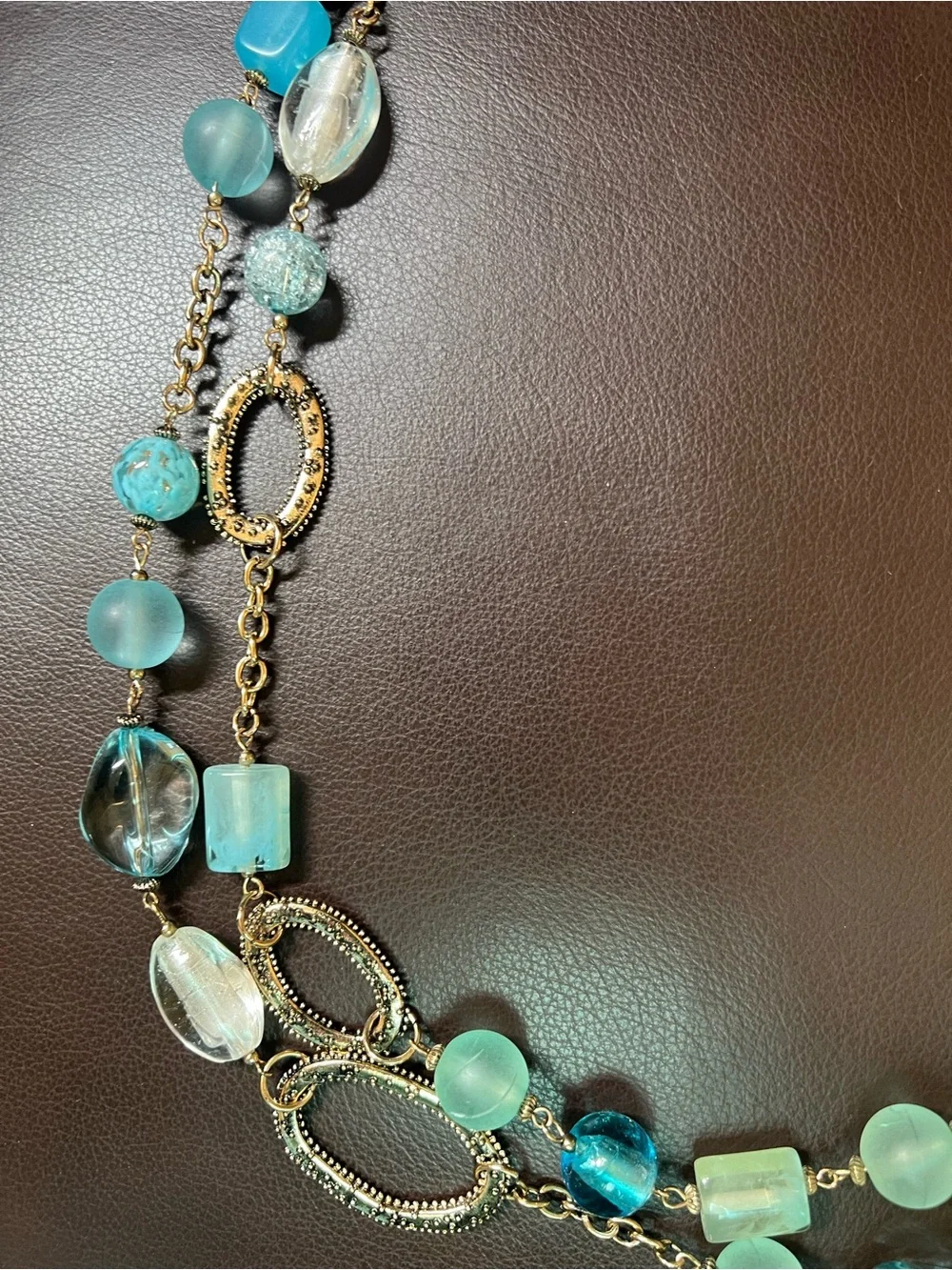 Erica Lyons Necklace Multi-layered Gold-Tone Chain with Blue Aqua Beads 36”